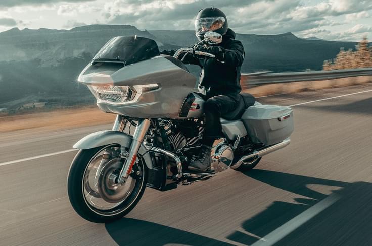 The Road Glide (Rs 42.30 lakh) and Street Glide (Rs 39.30 lakh) are the most expensive currently; CVO versions to follow later this year. Harley-Davidson Road Glide front left action shot in field